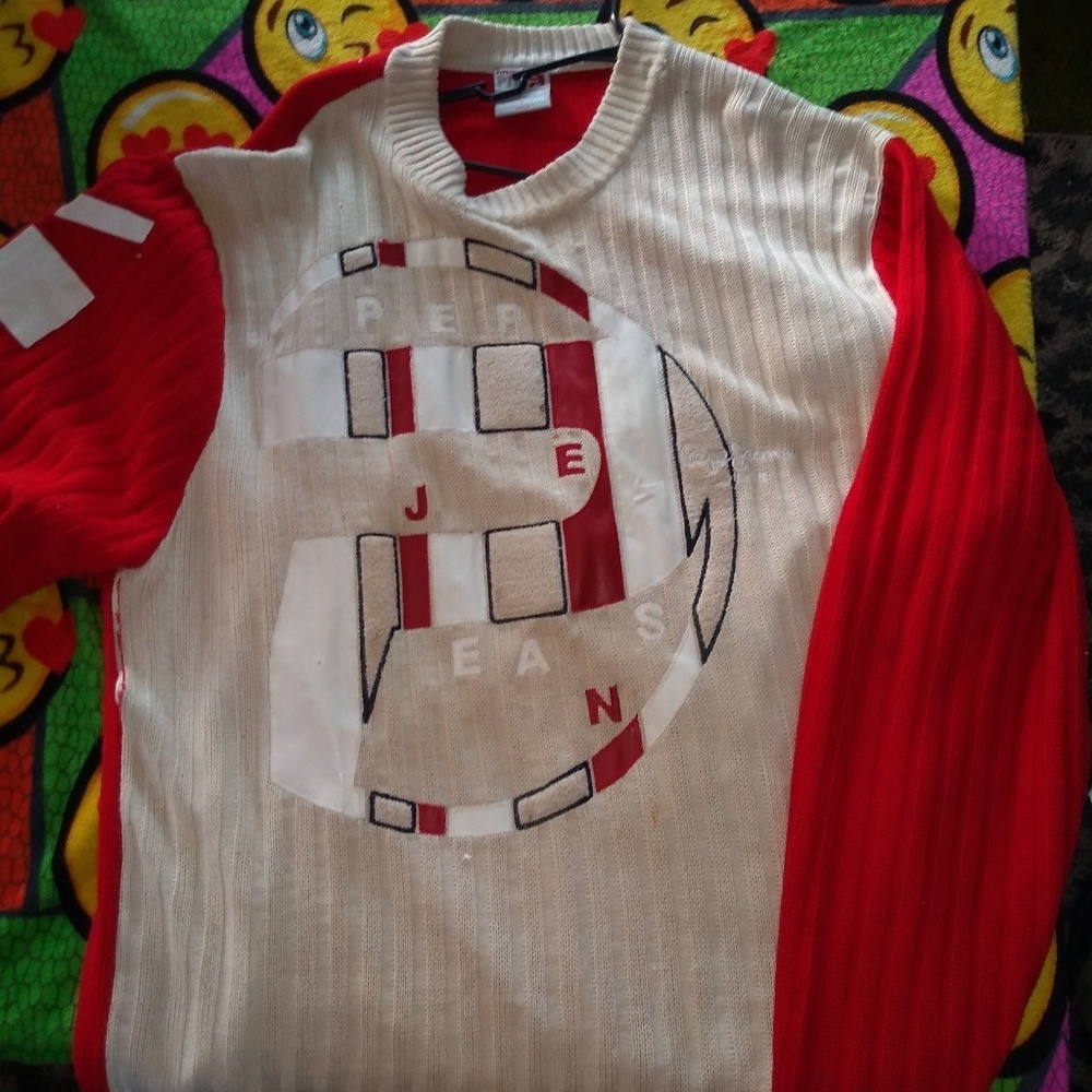 Red tan and white pepe sweater